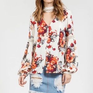 Blu Pepper Floral Peasant Sleeve Spring Floral Boho Top